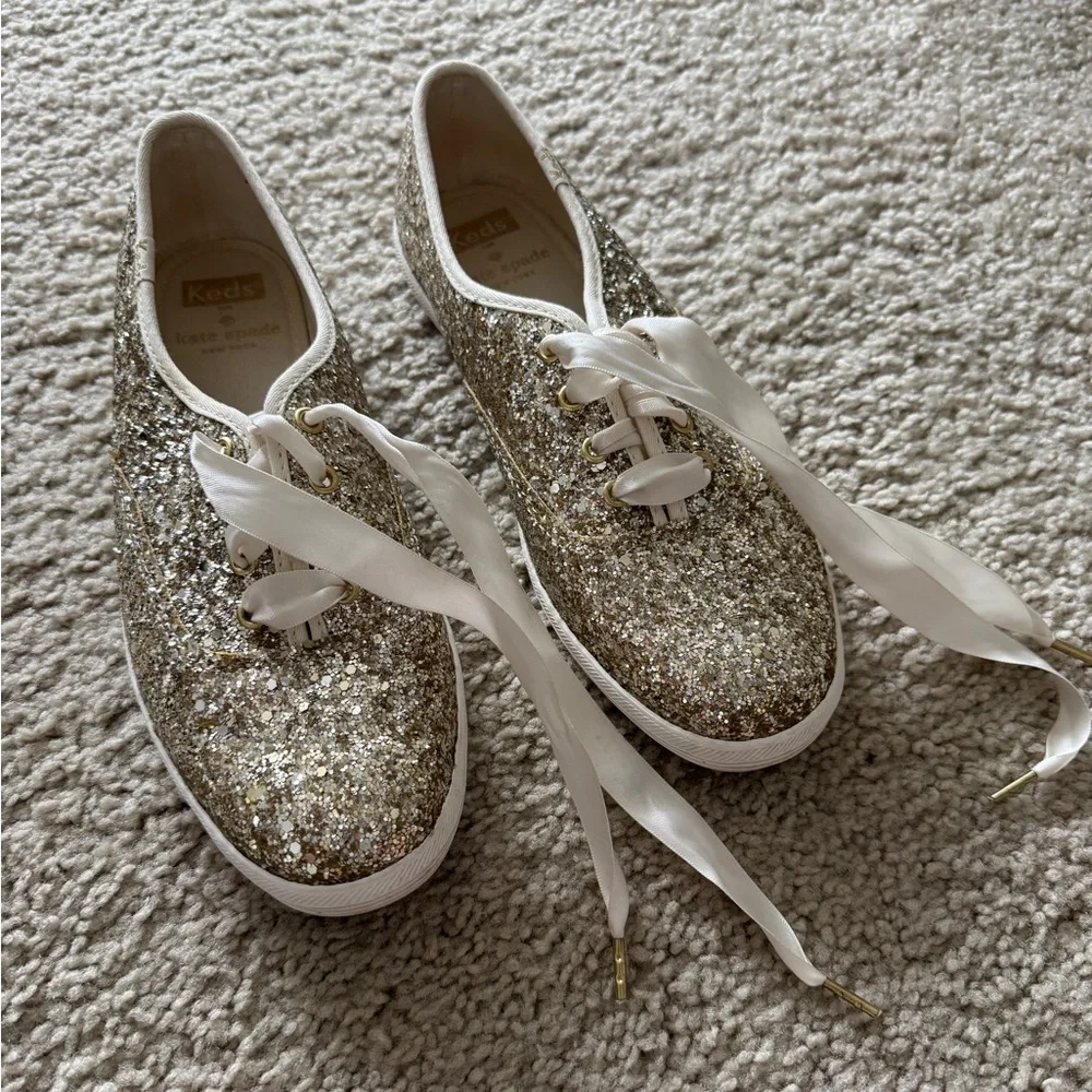 kate spade Glittered Lace-Up Sneakers in Gold and White